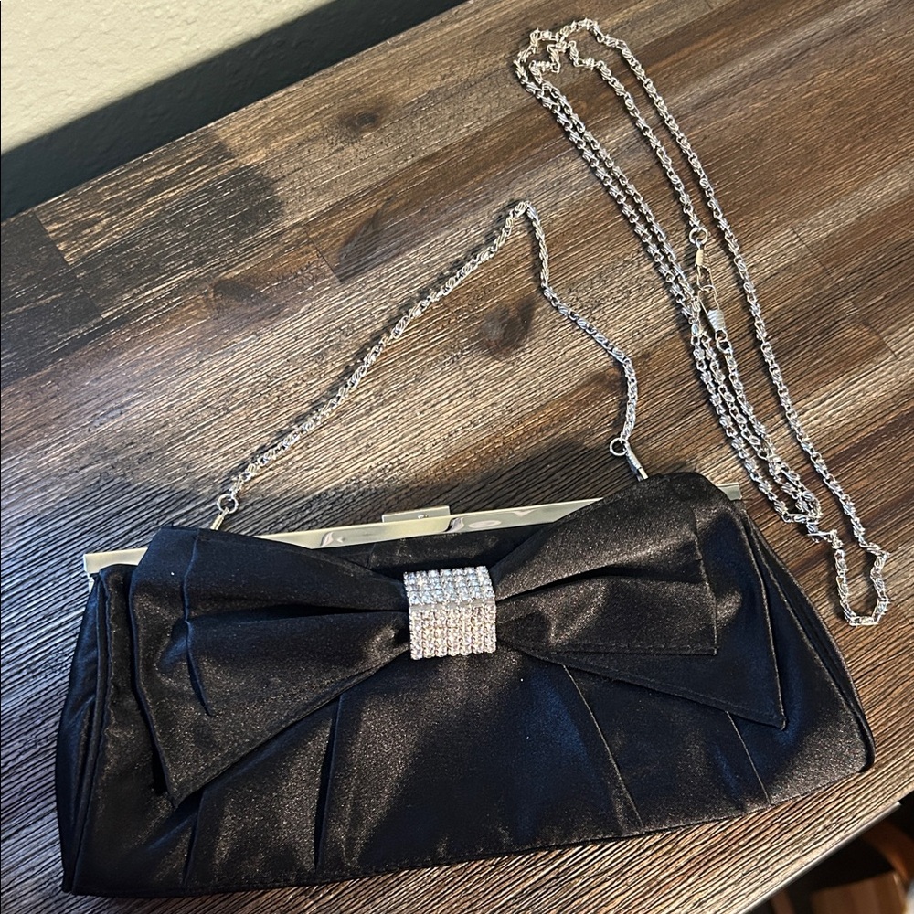 Elegant Black Evening Clutch with Silver Chain and sparkle Bow